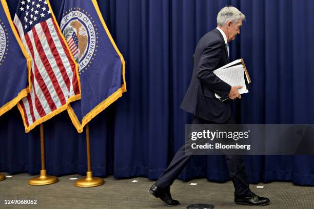 Jerome Powell, chairman of the US Federal Reserve, exits following a news conference following a Federal Open Market Committee meeting in Washington,...