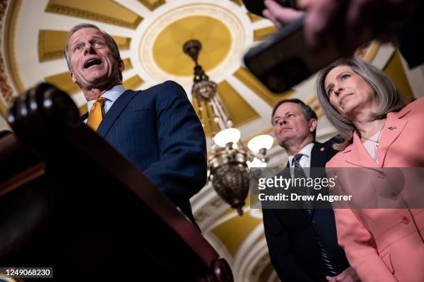 Sen. John Thune speaks during a news conference following a closed-door lunch meeting with Senate Republicans at the U.S. Capitol March 22, 2023 in...