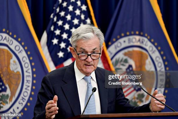 Jerome Powell, chairman of the US Federal Reserve, speaks during a news conference following a Federal Open Market Committee meeting in Washington,...