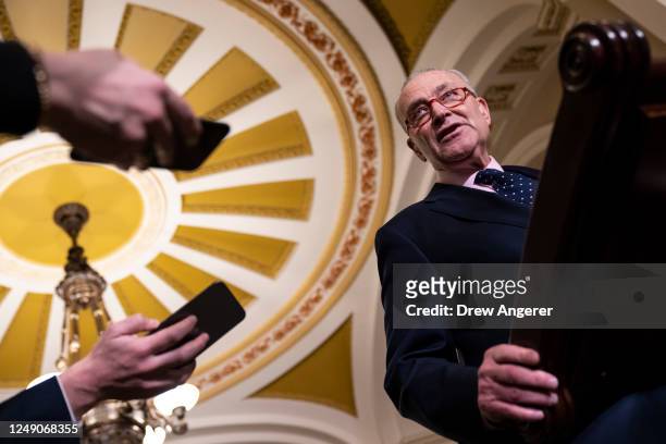 Senate Majority Leader Chuck Schumer speaks during a news conference following a closed-door lunch meeting with Senate Democrats at the U.S. Capitol...
