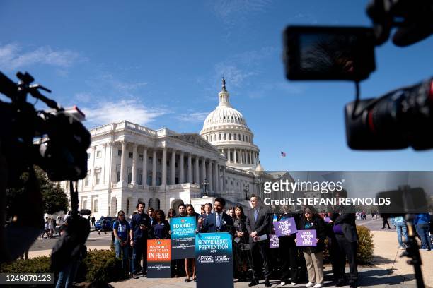 Representative Maxwell Frost speaks during a news conference on bicameral gun violence legislation, outside the US Capitol in Washington, DC, on...
