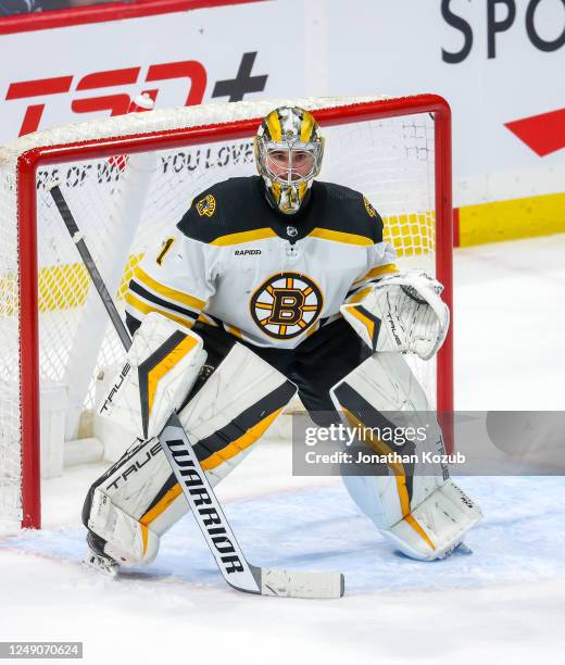 Goaltender Jeremy Swayman of the Boston Bruins guards the net during second period action against the Winnipeg Jets at Canada Life Centre on March...