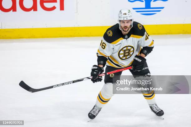 David Krejci of the Boston Bruins skates during third period action against the Winnipeg Jets at Canada Life Centre on March 16, 2023 in Winnipeg,...