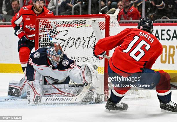 Columbus Blue Jackets goaltender Daniil Tarasov makes a third period save on a shot by Washington Capitals center Craig Smith during the Columbus...