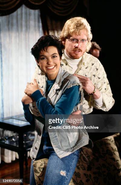A CBS television primetime police drama. September 1, 1986. Pictured from left is Mariska Hargitay and director Donald Petrie.