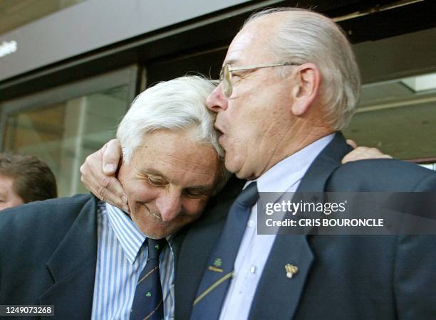 Roberto Canessa , survivor of the 1972 plane crash of the Old Christians rugby team over the Andes, is embraced by former team trainer Carlos...