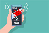 Coronavirus tracking apps concept with hand holding smartphone and application design on screen for reduce COVID-19 spreading after quarantine detecting infected people.Vector Illustration.copy space.