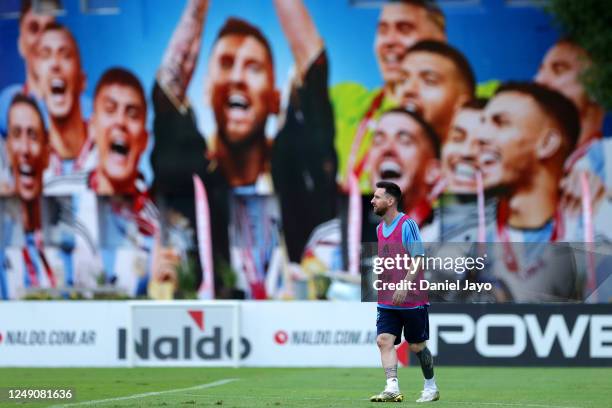 Lionel Messi of Argentina in action during a training session at Julio H. Grondona Training Camp on March 22, 2023 in Ezeiza, Argentina.