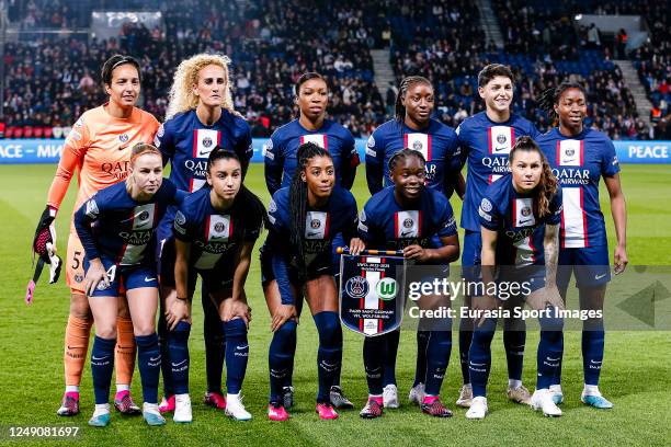 Paris Saint-Germain squad poses for team photo with Goalkeeper Sarah Bouhaddi, Kheira Hamraoui, Grace Geyoro, Kadidiatou Diani, Elisa De Almeida,...