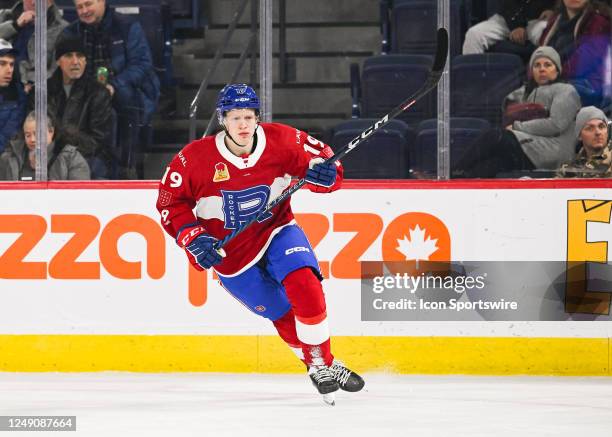Laval Rocket forward Emil Heineman skates towards the play during the Bridgeport Islanders versus the Laval Rocket game on March 22 at Place Bell in...