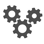 Three gears solid icon, teamwork concept, gear mechanism settings sign on white background, three gearwheels icon in glyph style for mobile concept and web design. Vector graphics.