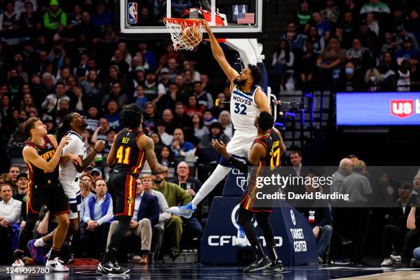 Karl-Anthony Towns of the Minnesota Timberwolves dunks the ball against the Atlanta Hawks in the second quarter of the game at Target Center on March...
