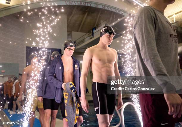 Notre Dame and Virginia Tech athletes are introduced during the Division I Mens Swimming and Diving Championships held at the Jean K. Freeman Aquatic...