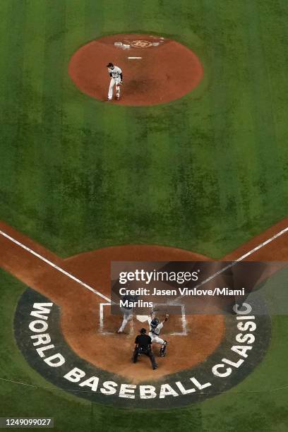 Shohei Ohtani of Japan celebrates on the mound after striking out Mike Trout of the United States, as Japan defeated the United States at loanDepot...