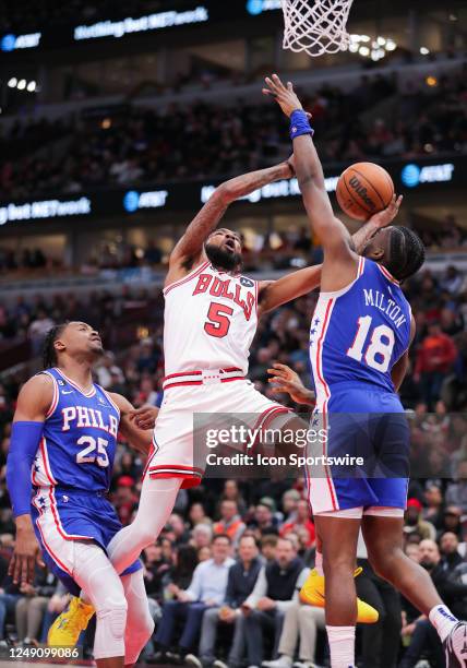 Chicago Bulls forward Derrick Jones Jr. Is fouled drives to the basket during a NBA game between the Philadelphia 76ers and the Chicago Bulls on...