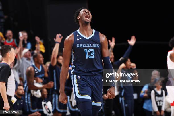 Jaren Jackson Jr. #13 of the Memphis Grizzlies celebrates during the game against the Houston Rockets on March 22, 2023 at FedExForum in Memphis,...