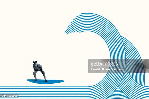 full length of young woman surfing on blue wave - illustration technique stock pictures, royalty-free photos & images