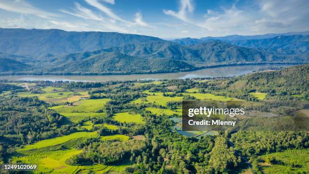 mekong river rice paddy panorama landscape laos - rio mekong imagens e fotografias de stock