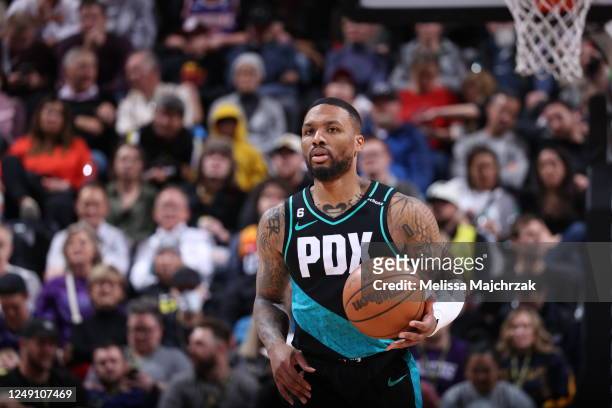 Damian Lillard of the Portland Trail Blazers handles the ball during the game against the Utah Jazz on March 22, 2023 at vivint.SmartHome Arena in...