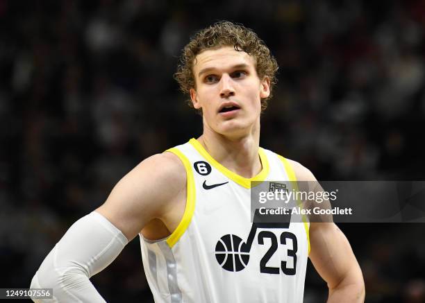 Lauri Markkanen of the Utah Jazz looks on during the first half against the Portland Trail Blazers at Vivint Arena on March 22, 2023 in Salt Lake...