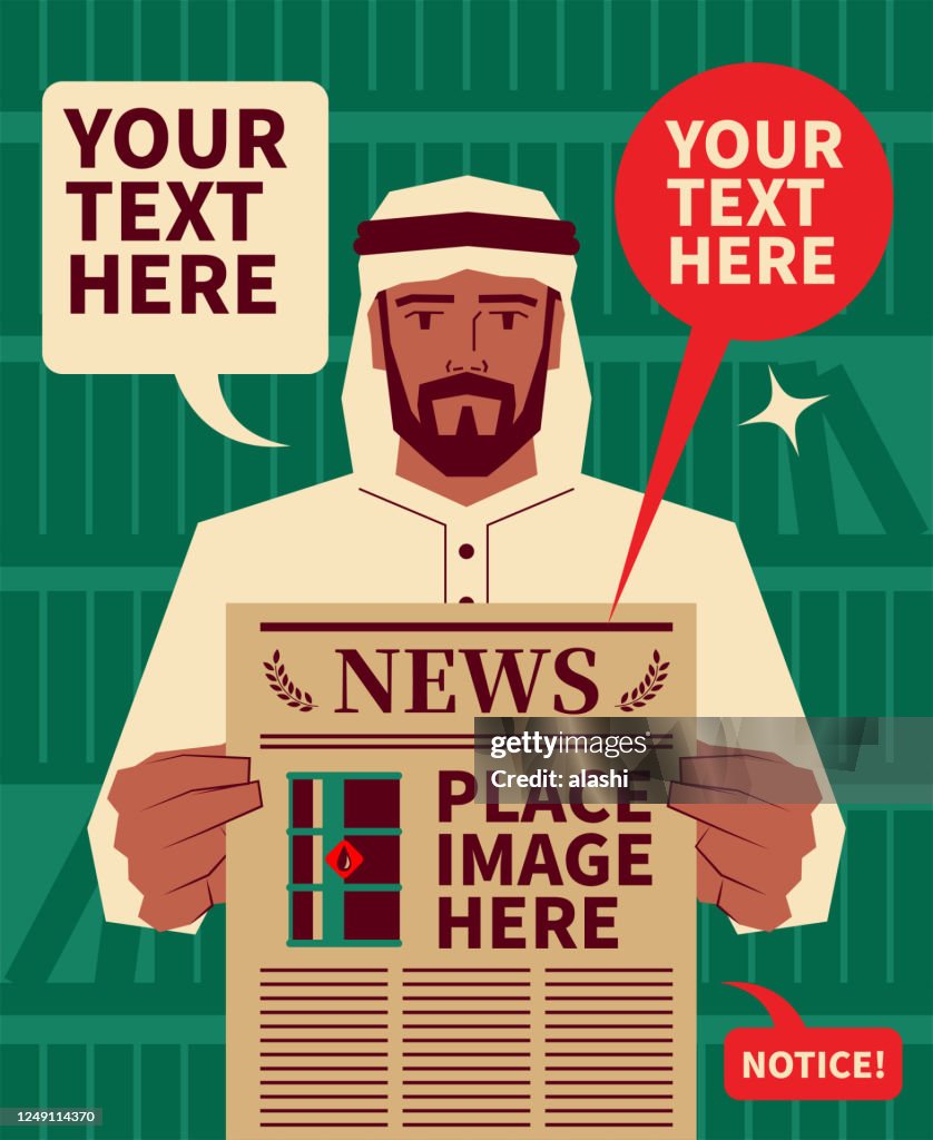 Bel homme arabe (homme d’affaires) portant des vêtements traditionnels (Turban) (AIE, OPEP, AREC) tenant un journal et montrant des nouvelles de dernière heure
