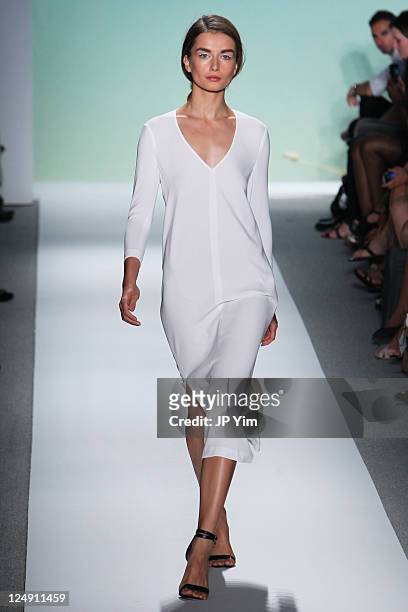 Model walks the runway at the Tibi 2012 fashion show during Mercedes-Benz Fashion Week at The Stage at Lincoln Center on September 13, 2011 in New...
