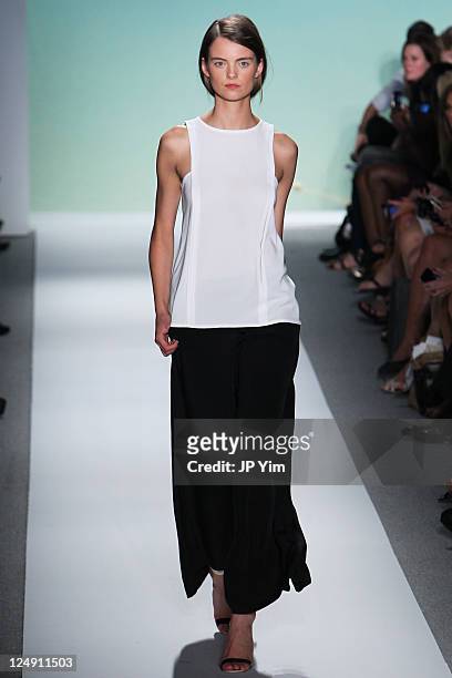 Model walks the runway at the Tibi 2012 fashion show during Mercedes-Benz Fashion Week at The Stage at Lincoln Center on September 13, 2011 in New...