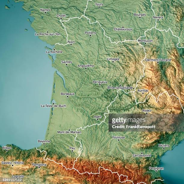 nouvelle-aquitaine 3d render topografisk karta färg gränsstäder - pau france bildbanksfoton och bilder