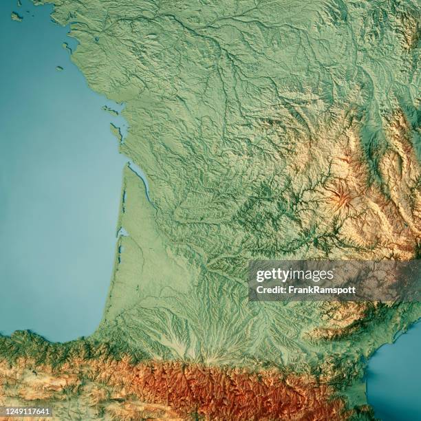 nouvelle-aquitaine 3d render topographic map color - aquitânia imagens e fotografias de stock