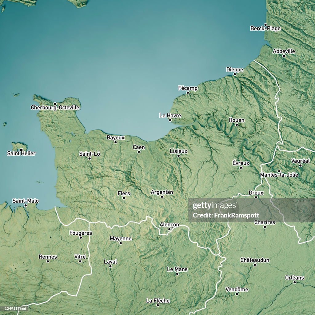 Normandy 3D Render Topographic Map Color Border Cities