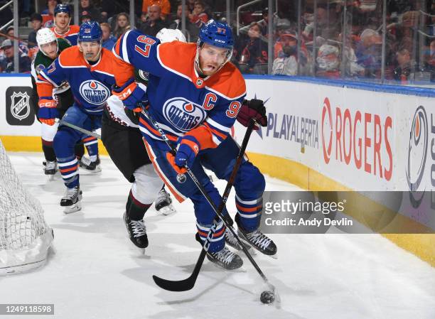 Connor McDavid of the Edmonton Oilers skates during the game against the Arizona Coyotes on March 22, 2023 at Rogers Place in Edmonton, Alberta,...