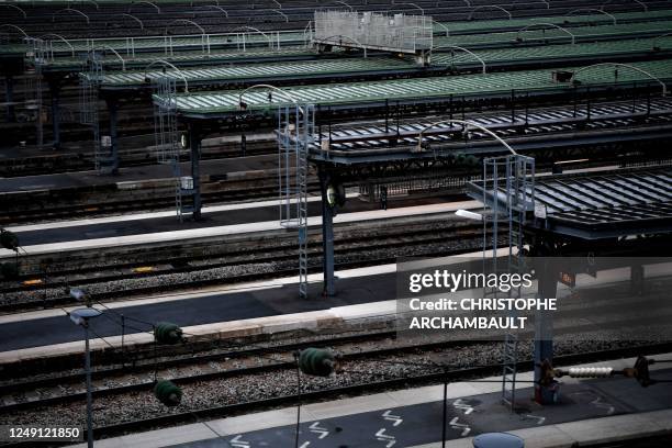 This general view shows emplty platforms at Gare de L'Est train station in Paris on a new day of nationwide strikes and protests against the...