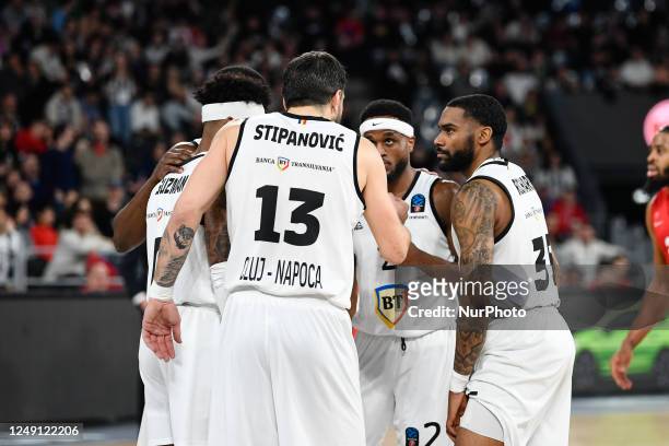 Players of U BT are giving a motivational speech during a break in the 7Days EuroCup match between U-BT Cluj-Napoca and Prometey, taking place on...
