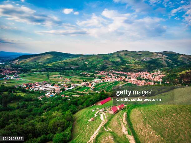 aerial view of houses and architecture in traditional rural romanian village - romania village stock pictures, royalty-free photos & images