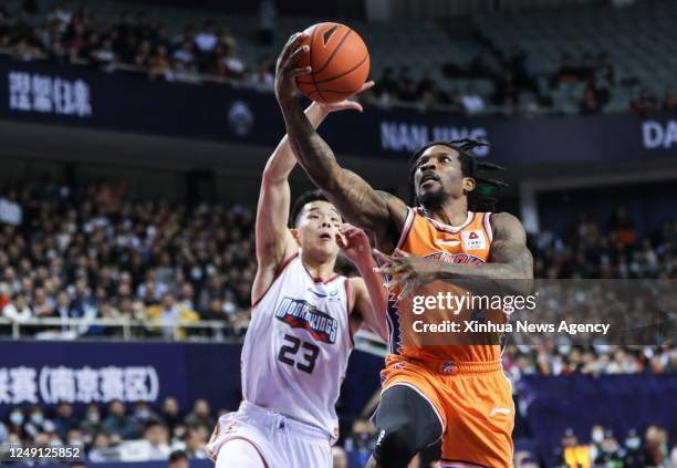 Eric Bledsoe R of Shanghai Sharks goes for a lay-up during the 38th round match between Nanjing Monkey Kings and Shanghai Sharks at 2022-2023 season...