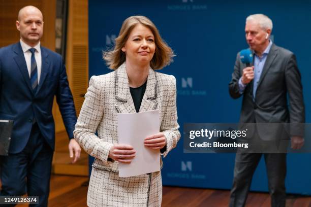 Ida Wolden Bache, governor of Norway's central bank, also known as Norges Bank, arrives for an interest rates news conference in Oslo, Norway, on...
