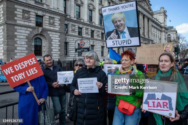 Pro-EU activists from Stand Of Defiance European Movement protest outside Parliament on the day on which former Prime Minister Boris Johnson was due...