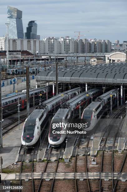 High-speed trains are parked in the garages of the Gare de Lyon in Paris on March 20, 2023 due to a strike movement started on March 7, 2023 by...