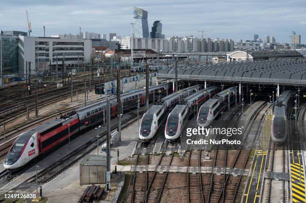 High-speed trains are parked in the garages of the Gare de Lyon in Paris on March 20, 2023 due to a strike movement started on March 7, 2023 by...