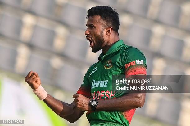 Bangladesh's Ebadot Hossain celebrates after taking the wicket of Ireland's Lorcan Tucker during the third and final one-day international cricket...