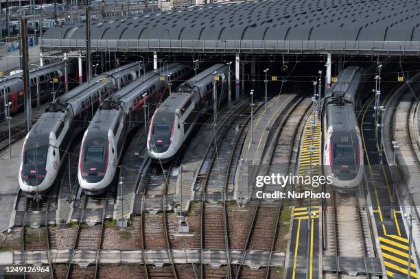 High-speed trains are parked in the garages of the Gare de Lyon in Paris on March 20, 2023 due to a strike movement started on March 7, 2023 by...