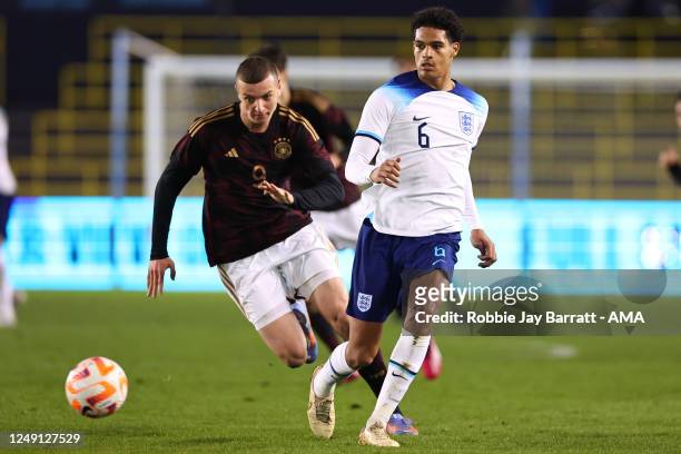 Jarell Quansah of England U20 during the International Friendly match between England U20 and Germany U20 at Manchester City Academy Stadium on March...