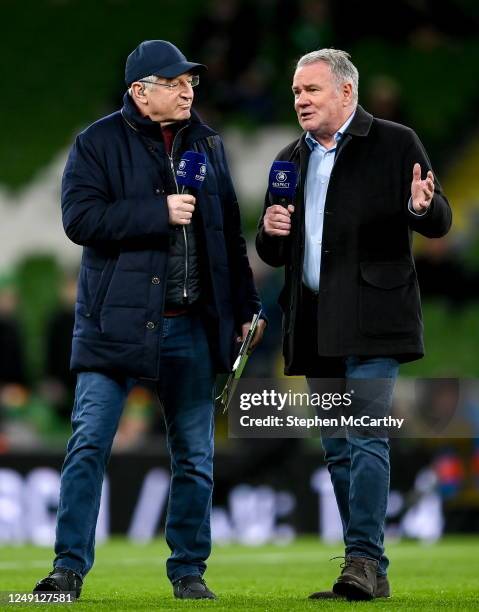 Dublin , Ireland - 22 March 2023; RTE's Tony O'Donghue, left, and Ray Houghton before the international friendly match between Republic of Ireland...