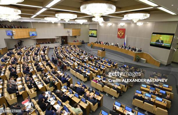 Russian Prime Minister Mikhail Mishustin presents the government's annual report at a session of the State Duma, the country's lower house of...