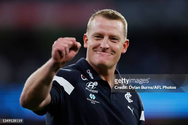 Michael Voss, Senior Coach of the Blues is seen after a win during the 2023 AFL Round 02 match between the Carlton Blues and the Geelong Cats at the...