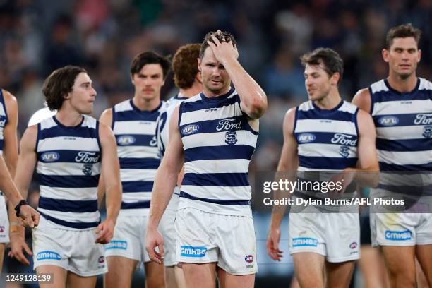 Patrick Dangerfield of the Cats looks dejected after a loss during the 2023 AFL Round 02 match between the Carlton Blues and the Geelong Cats at the...