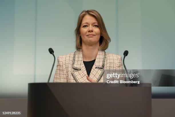 Ida Wolden Bache, governor of Norway's central bank, also known as Norges Bank, during an interest rates news conference in Oslo, Norway, on...