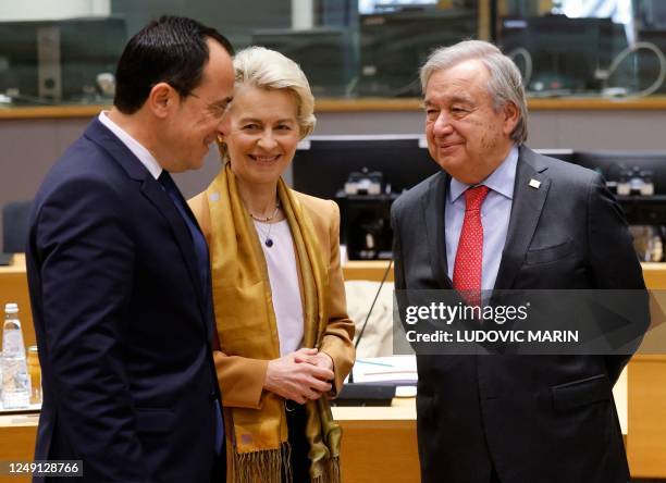 Secretary-General António Guterres talks with President of the European Commission Ursula von der Leyen and Cyprus' President of the Republic Nikos...