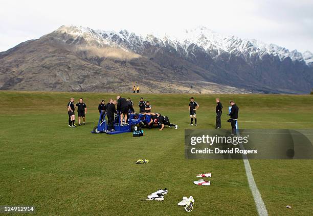 England practise scrummaging during an England IRB Rugby World Cup 2011 training session at Queenstown Events Centre on September 14, 2011 in...