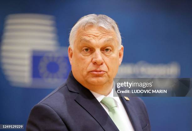 Hungary's Prime Minister Viktor Orban arrives to attend a EU Summit, at the EU headquarters in Brussels, on March 23, 2023. - The two-day summit of...